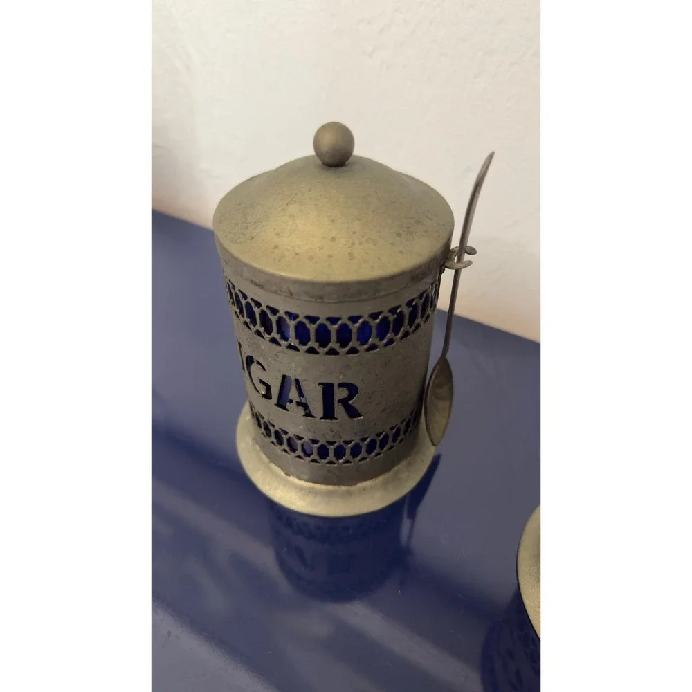 Vintage Savile Row Cobalt Blue Glass‎ Coffee Sugar Canister Set with Spoons